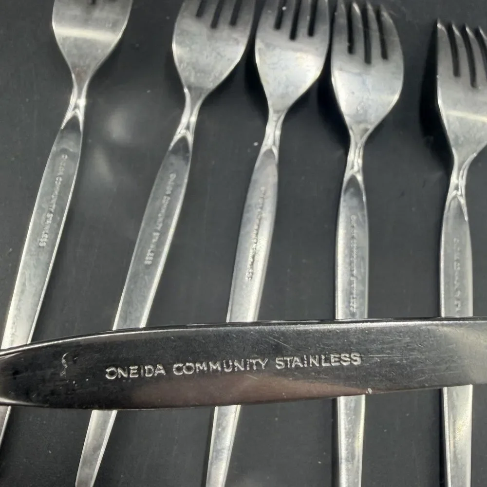 (6) Oneida Community Stainless Frostfire Dinner Fork Lot Satin Handle ~ 7.25”